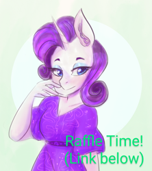 Size: 866x975 | Tagged: safe, artist:mimiporcellini, imported from derpibooru, rarity, anthro, advertisement, female, raffle, solo, solo female