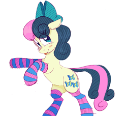 Size: 1206x1098 | Tagged: safe, artist:hattsy, imported from ponybooru, bon bon, sweetie drops, earth pony, pony, aggie.io, blushing, bow, clothes, cute, eye clipping through hair, female, hair bow, looking at you, mare, rearing, simple background, smiling, socks, solo, striped socks, tongue out, white background