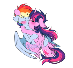 Size: 969x900 | Tagged: safe, artist:tylerdashart, imported from derpibooru, rainbow dash, twilight sparkle, alicorn, pegasus, pony, blushing, embrace, eye clipping through hair, eyebrows visible through hair, eyes closed, female, floppy ears, kissing, lesbian, mare, shipping, signature, simple background, spread wings, twidash, twilight sparkle (alicorn), white background, wings