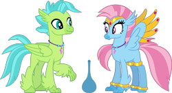 Size: 5742x3112 | Tagged: safe, artist:ethanjacobsyrosca, imported from derpibooru, oc, oc only, oc:bottlegriff, oc:wishgriff, classical hippogriff, genie, hippogriff, absurd resolution, bottle, bracelet, circlet, clothes, female, jewelry, leggings, male, simple background, transparent background, vector, wing jewelry