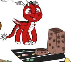 Size: 996x874 | Tagged: safe, artist:2k.bugbytes, imported from ponybooru, oc, oc:dragonfire(havock), dracony, dragon, hybrid, pony, :p, claws, colored, horns, playset, red eyes, tail, tongue out, toy, wings, younger