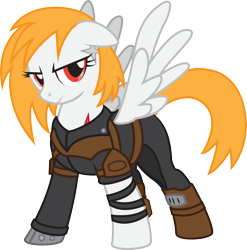 Size: 2069x2096 | Tagged: safe, artist:lightning stripe, derpibooru exclusive, imported from derpibooru, oc, oc only, oc:blazen trail, pegasus, pony, 2018, armor, clothes, eyelashes, fallout, leather armor, orange hair, orange mane, orange tail, red eyes, show accurate, simple background, solo, transparent background, vector