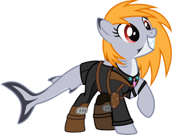 Size: 2786x2191 | Tagged: safe, artist:lightning stripe, derpibooru exclusive, imported from derpibooru, oc, oc only, oc:blazen trail, hybrid, original species, pony, shark, shark pony, 2021, armor, clothes, commission, cute, eyelashes, fallout, grin, jewelry, leather armor, necklace, ocbetes, one hoof raised, orange hair, orange mane, red eyes, shark tail, shark teeth, sharp teeth, show accurate, simple background, smiling, solo, teeth, transparent background, vector