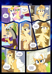 Size: 3259x4607 | Tagged: safe, artist:estories, imported from derpibooru, discord, fluttershy, oc, oc:alice goldenfeather, oc:comet, oc:fable, draconequus, earth pony, pegasus, phoenix, pony, comic:nevermore, colt, comic, couch, cup, cushion, drawer, duo, embarrassed, female, filly, floppy ears, flying, gritted teeth, male, mare, open mouth, plant, shocked, sitting, solo, speech bubble, tea kettle, teacup, teeth