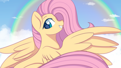 Size: 3840x2160 | Tagged: safe, artist:chickenbrony, artist:cottonaime, imported from derpibooru, fluttershy, pegasus, pony, 4k, cloud, female, gritted teeth, high res, looking at you, mare, outdoors, rainbow, sky background, smiling, solo, spread wings, wings