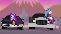 Size: 1200x675 | Tagged: safe, artist:thatradhedgehog, edit, edited screencap, imported from derpibooru, screencap, aria blaze, sonata dusk, equestria girls, car, karr, knight rider, pontiac firebird, the car (1977)