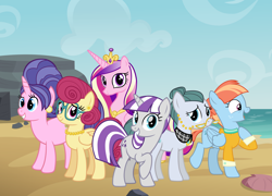 Size: 2064x1486 | Tagged: safe, artist:amigogog, imported from derpibooru, cloudy quartz, cookie crumbles, posey shy, princess cadance, twilight velvet, windy whistles, alicorn, earth pony, pegasus, pony, unicorn, 2021, beach, blue eyes, cloud, collar, crown, cutie mark, day, ear piercing, earring, eyelashes, folded wings, glasses, green hair, green mane, grin, group, horn, jewelry, looking at you, milf six, mom seven, mom six, mother's day, mother's day 2021, multicolored hair, multicolored mane, necklace, ocean, open mouth, open smile, orange hair, orange mane, outdoors, pearl necklace, piercing, pink mane, pinkie hair, purple and white hair, purple and white mane, purple eyes, purple yellow and pink hair, red hair, red mane, regalia, sky, smiling, smiling at you, water, wings, wings down, yellow hair, yellow mane