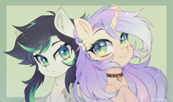 Size: 1827x1083 | Tagged: safe, artist:_spacemonkeyz_, imported from derpibooru, oc, oc:cecilia, oc:chidori, pegasus, unicorn, bandage, bell, collar, flower, flower in hair, looking at each other, looking at you, smiling