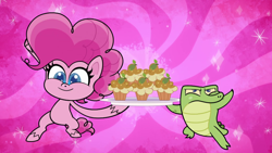 Size: 1920x1080 | Tagged: safe, imported from derpibooru, screencap, gummy, pinkie pie, alligator, earth pony, pony, my little pony: pony life, the rarest of occasions, spoiler:pony life s02e15, bipedal, cupcake, duo, female, food, g4.5, male, mare, olive, peanut butter, peanut butter cupcake, pony life