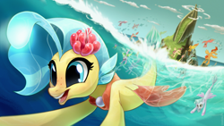 Size: 3020x1698 | Tagged: safe, artist:uzelok21, imported from derpibooru, princess skystar, silverstream, terramar, hippogriff, seapony (g4), my little pony: the movie, blue eyes, cloud, commission, cute, diving, dorsal fin, female, fin wings, fins, fish tail, flower, flower in hair, flying, freckles, glow, glowing, happy, jewelry, male, mount aris, necklace, ocean, open mouth, pearl necklace, sky, skyabetes, smiling, spread wings, swimming, tail, transformation, underwater, unnamed character, water, wings