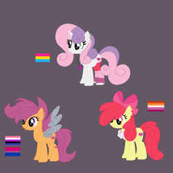 Size: 1102x1102 | Tagged: safe, artist:circuspaparazzi5678, artist:selenaede, imported from derpibooru, apple bloom, scootaloo, sweetie belle, earth pony, pegasus, pony, unicorn, alternate universe, amputee, artificial wings, augmented, base used, base:selenaede, bisexual, bisexual pride flag, clothes, cutie mark crusaders, duskyverse, ear piercing, earring, female, genderfluid, genderfluid pride flag, headcanon, jewelry, lesbian, lesbian pride flag, metal wing, necklace, pansexual, pansexual pride flag, piercing, pride, pride flag, prosthetic limb, prosthetic wing, prosthetics, sexuality headcanon, socks, solo, tongue out, tongue piercing, wings