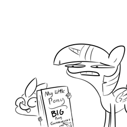 Size: 3000x3000 | Tagged: safe, artist:tjpones, imported from derpibooru, spike, twilight sparkle, alicorn, dragon, pony, black and white, book, duo, female, grayscale, grimace, half life full life consequences, high res, male, mare, monochrome, simple background, twilight sparkle (alicorn), white background
