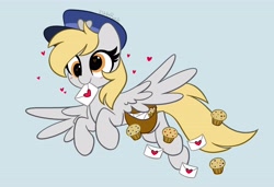 Size: 4096x2807 | Tagged: safe, artist:kittyrosie, imported from derpibooru, derpy hooves, pegasus, pony, blushing, cute, derpabetes, flying, food, hat, heart, letter, mail, mailbag, mailmare, mouth hold, muffin, solo