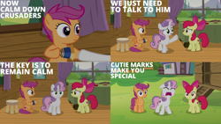 Size: 1280x720 | Tagged: safe, edit, edited screencap, editor:quoterific, imported from derpibooru, screencap, apple bloom, scootaloo, sweetie belle, earth pony, pegasus, pony, unicorn, marks and recreation, season 7, apple bloom's bow, bow, cutie mark crusaders, eyes closed, female, filly, hair bow, mare, open mouth, script, smiling, yelling