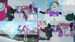 Size: 1280x720 | Tagged: safe, edit, edited screencap, editor:quoterific, imported from derpibooru, screencap, pinkie pie, rainbow dash, rarity, equestria girls, equestria girls series, holidays unwrapped, spoiler:eqg series (season 2), boots, clothes, female, food, open mouth, saving pinkie's pie, shoes, smiling, snow, snowman, souffle, streetlight, throwing, trio, trio female