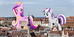 Size: 1800x900 | Tagged: safe, artist:jeatz-axl, artist:rustle-rose, artist:theotterpony, imported from derpibooru, princess cadance, twilight velvet, alicorn, pony, unicorn, estonia, female, giant pony, giantess, highrise ponies, irl, macro, mare, photo, ponies in real life, story included