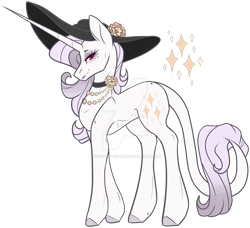 Size: 1280x1165 | Tagged: safe, artist:blizzard-queen, imported from derpibooru, rarity, classical unicorn, pony, unicorn, alternate design, alternate universe, backstory in description, cloven hooves, hat, leonine tail, red eyes, solo