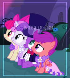 Size: 1398x1548 | Tagged: safe, artist:interstellar-quartz, imported from derpibooru, apple bloom, scootaloo, spike, sweetie belle, pony, bridesmaid dress, clothes, cutie mark crusaders, dress, flower filly, flower girl, flower girl dress, hat, marriage, obtrusive watermark, request, suit, top hat, tuxedo, watermark, wedding