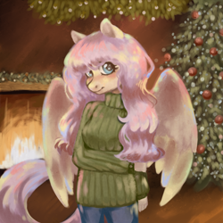 Size: 2000x2000 | Tagged: safe, artist:leeene, imported from derpibooru, fluttershy, anthro, pegasus, christmas, christmas tree, clothes, female, fire, fireplace, high res, holiday, looking at you, solo, sweater, sweatershy, tree