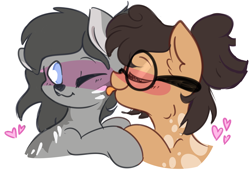 Size: 3600x2500 | Tagged: safe, artist:sb66, imported from derpibooru, oc, oc only, oc:crescent, oc:nixie tube, bat pony, earth pony, hybrid, sphinx, blushing, coat markings, dappled, ear fluff, glasses, heart, high res, licking, one eye closed, tongue out