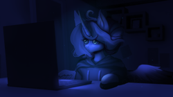 Size: 3620x2020 | Tagged: safe, artist:cosyosy, imported from derpibooru, princess luna, alicorn, semi-anthro, clothes, computer, computer mouse, high res, hoodie, laptop computer, solo