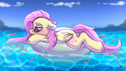 Size: 1890x1072 | Tagged: safe, artist:dinoalpaka, imported from derpibooru, fluttershy, pegasus, pony, cute, ear fluff, female, floppy ears, inner tube, lying down, mare, profile, prone, relaxing, shyabetes, sketch, smiling, solo, sunglasses, water, wings