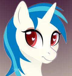 Size: 1800x1900 | Tagged: safe, artist:77jessieponygames77, imported from derpibooru, dj pon-3, vinyl scratch, pony, unicorn, bust, female, gradient background, heart eyes, mare, red eyes, solo, wingding eyes, wrong eye color