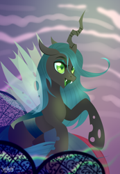 Size: 3031x4368 | Tagged: safe, artist:77jessieponygames77, imported from derpibooru, queen chrysalis, changeling, changeling queen, fangs, female, heart eyes, open mouth, rearing, solo, wingding eyes