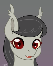 Size: 3000x3672 | Tagged: safe, artist:77jessieponygames77, imported from derpibooru, octavia melody, bat pony, pony, bat ponified, batavia, bust, ear tufts, fangs, female, gray background, high res, looking at you, mare, octavia, race swap, red eyes, simple background, solo, species swap