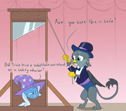 Size: 1800x1600 | Tagged: safe, artist:rocket-lawnchair, imported from derpibooru, gabby, trixie, griffon, pony, unicorn, assistant, assistant's outfit, bowtie, clothes, drawthread, duo, female, guillotine, hat, imminent decapitation, magic trick, magician outfit, mare, requested art, this will end in death, too dumb to live, top hat, trixie's hat, tuxedo, worried