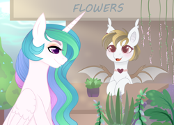 Size: 3000x2148 | Tagged: safe, artist:77jessieponygames77, imported from derpibooru, princess celestia, oc, alicorn, bat pony, pony, bat pony oc, bat wings, choker, duo, eyebrows, female, flower, high res, mare, oc name needed, oc needed, spread wings, wings