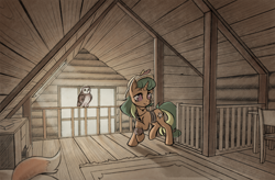 Size: 2280x1500 | Tagged: safe, artist:inowiseei, imported from derpibooru, oc, oc only, oc:summer ray, bird, fox, owl, pony, unicorn, attic, book, chair, commission, female, hat, mare, solo