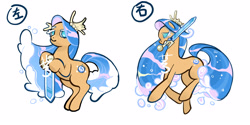Size: 4005x2000 | Tagged: safe, artist:aq3yqsvcu1hnema, imported from derpibooru, earth pony, pony, cookie run, eyes closed, female, jewelry, ponified, sea fairy cookie, simple background, sword, text, tiara, water mane, weapon, white background