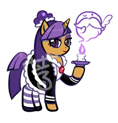 Size: 1420x1483 | Tagged: safe, artist:aq3yqsvcu1hnema, imported from derpibooru, ghost, pony, undead, unicorn, blackberry cookie, candle, clothes, cookie run, female, hair bun, lipstick, maid, makeup, ponified, simple background, socks, solo, watermark, white background