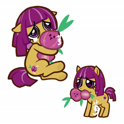 Size: 2362x2362 | Tagged: safe, artist:aq3yqsvcu1hnema, imported from derpibooru, earth pony, pony, cookie run, crying, female, filly, high res, hug, onion cookie, plushie, ponified, sad, simple background, text, white background