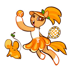 Size: 2000x2000 | Tagged: safe, artist:aq3yqsvcu1hnema, imported from derpibooru, earth pony, mouse, pony, ball, clothes, cookie run, dress, female, high res, one eye closed, open mouth, orange cookie, ponified, ponytail, simple background, solo, tennis ball, tennis racket, text, white background