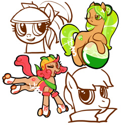 Size: 2000x2000 | Tagged: safe, artist:aq3yqsvcu1hnema, imported from derpibooru, earth pony, pony, bandana, beach ball, close-up, clothes, cookie run, grapefruit cookie, helmet, high res, lemon cookie, lime cookie, one eye closed, orange cookie, ponified, ponytail, roller skates, simple background, text, white background, wink