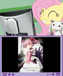 Size: 582x702 | Tagged: safe, imported from derpibooru, fluttershy, pegasus, pony, anime, computer, incubator (species), kyubey, madoka kaname, magical girl, meme, puella magi madoka magica, smiling, solo