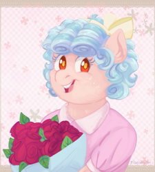 Size: 765x850 | Tagged: safe, artist:pigeorgien, imported from derpibooru, cozy glow, anthro, pegasus, bouquet of flowers, bow, clothes, dress, female, filly, flower, hair bow, pure concentrated unfiltered evil of the utmost potency, pure unfiltered evil, rose, smiling, solo