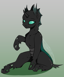 Size: 2058x2480 | Tagged: safe, artist:wbp, imported from derpibooru, oc, oc only, changeling, gradient background, green changeling, high res, sitting, solo