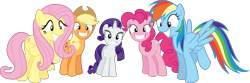 Size: 2175x726 | Tagged: safe, artist:sollace, derpibooru exclusive, imported from derpibooru, applejack, fluttershy, pinkie pie, rainbow dash, rarity, earth pony, pegasus, unicorn, twilight's kingdom, .svg available, cute, grin, looking at you, mane five, show accurate, smiling, spread wings, svg, vector, wings