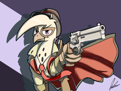 Size: 4000x3000 | Tagged: safe, artist:flaremoon, imported from derpibooru, oc, oc:flare-moon, griffon, bowler hat, clothes, griffon oc, gun, handgun, hat, inspector, mafia, necktie, revolver, weapon