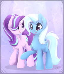 Size: 2665x3055 | Tagged: safe, artist:bloody-pink, imported from derpibooru, starlight glimmer, trixie, pony, unicorn, best friends, duo, duo female, female, high res, looking at each other, mare, raised hoof, smiling