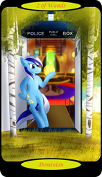 Size: 1500x2595 | Tagged: safe, artist:sixes&sevens, imported from derpibooru, part of a set, minuette, pony, unicorn, bipedal, bipedal leaning, crystal ball, doctor who, female, grass, leaning, minor arcana, outdoors, solo, tardis, tarot card, tree, two of wands