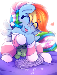 Size: 3200x4200 | Tagged: safe, artist:heavymetalbronyyeah, artist:lefthighkick, imported from derpibooru, rainbow dash, pegasus, pony, tortoise, :p, blushing, bubble wrap, clothes, collaboration, cute, dashabetes, eyes closed, female, floating heart, happy, hat, heart, high res, mare, nightcap, onomatopoeia, plushie, socks, solo, solo female, spread wings, striped socks, tail wag, tongue out, wings