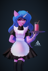 Size: 595x880 | Tagged: safe, artist:delta hronum, imported from derpibooru, izzy moonbow, anthro, pony, unicorn, alternate hairstyle, clothes, drink, female, g5, glass, juice, looking at you, maid, mare, open mouth, skirt, socks, solo, solo female, straw