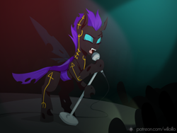 Size: 1600x1200 | Tagged: safe, artist:willoillo, imported from derpibooru, oc, oc only, oc:eris, changeling, changeling oc, commission, microphone, purple changeling, solo