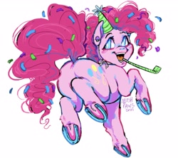 Size: 2666x2364 | Tagged: safe, artist:moshpaws, imported from derpibooru, pinkie pie, earth pony, pony, balloonbutt, blushing, butt, cute, diapinkes, hat, high res, horseshoes, jumping, looking back, open mouth, open smile, party hat, party horn, plot, simple background, smiling, underhoof, white background