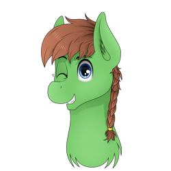 Size: 1000x1000 | Tagged: safe, artist:zeronitroman, imported from derpibooru, oc, oc only, oc:swift stride, earth pony, pony, braided ponytail, bust, male, one eye closed, simple background, smiling, solo, stallion, teeth, transparent background, wink
