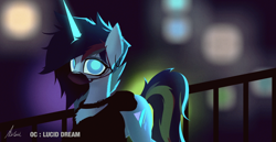 Size: 3000x1550 | Tagged: safe, artist:astril, imported from derpibooru, oc, oc only, oc:lucidream, unicorn, blue eyes, clothes, cutie mark, face mask, film grain, hoodie, horn, jewelry, looking at you, magic, magic aura, male, mask, melancholy, necklace, night, piercing, unicorn oc, walking